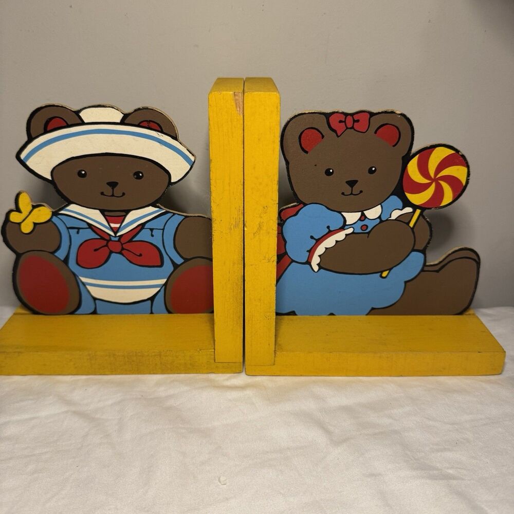 Vintage Wooden Children's Book Ends Two Little Bears Hand Painted Needs Cleaning